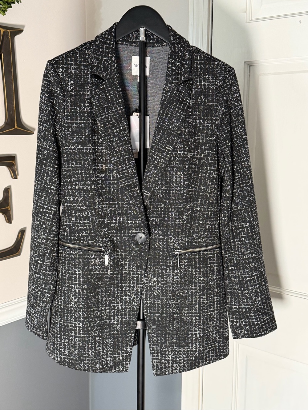 NWT NIC+ZOE Ladies Black & White Tweed Zip-Pocket Blazer - Sz Medium (223)